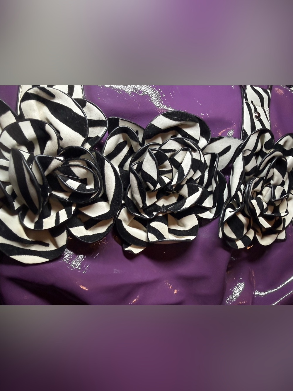 JY Fashion Y2K Purple Glossy Zebra Print Rosette Flower Purse Bag - Picture 7 of 16